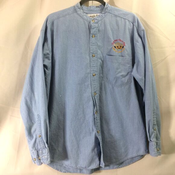 Munsingwear 90s Collarless Denim Shirt Claudio’s Clam Bar Logo Medium Singapore - Picture 1 of 6